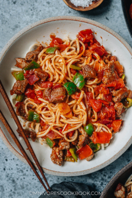 Xinjiang laghman served in a bowl