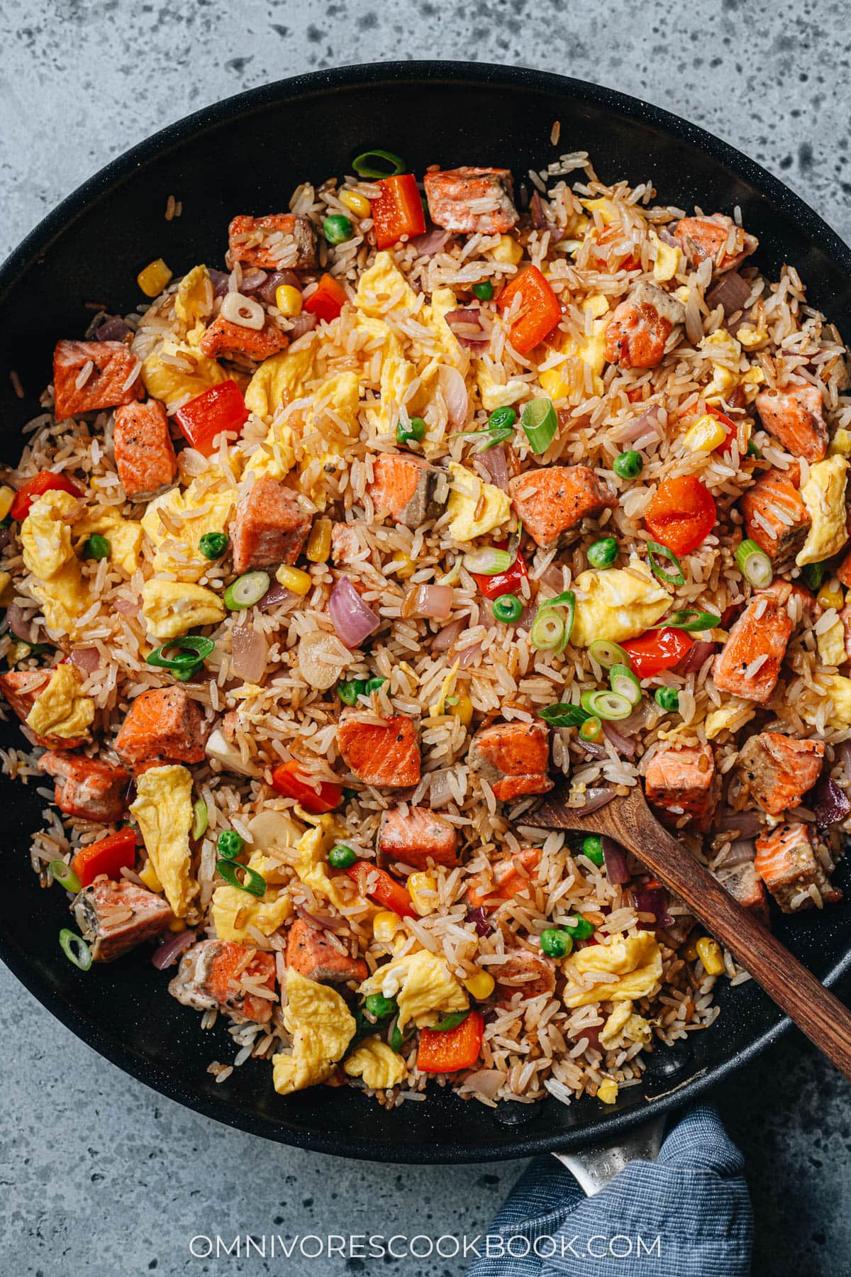 Homemade salmon fried rice in a pan