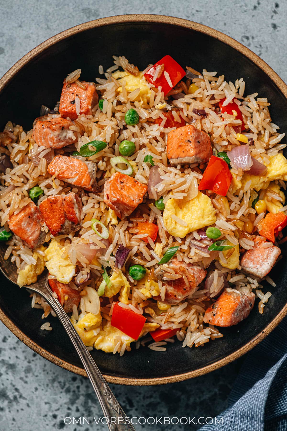 Homemade salmon fried rice close up