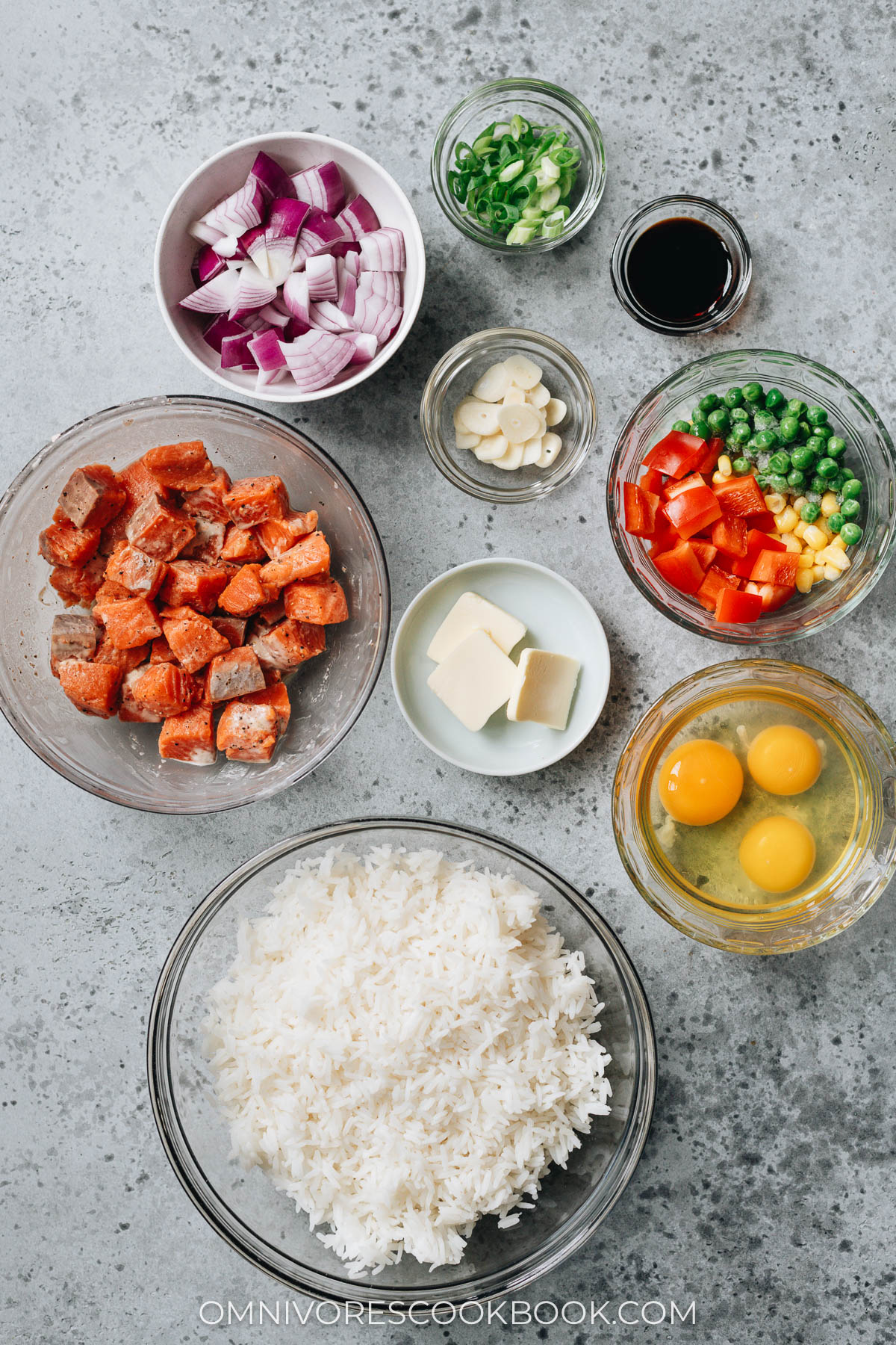 Ingredients for salmon fried rice