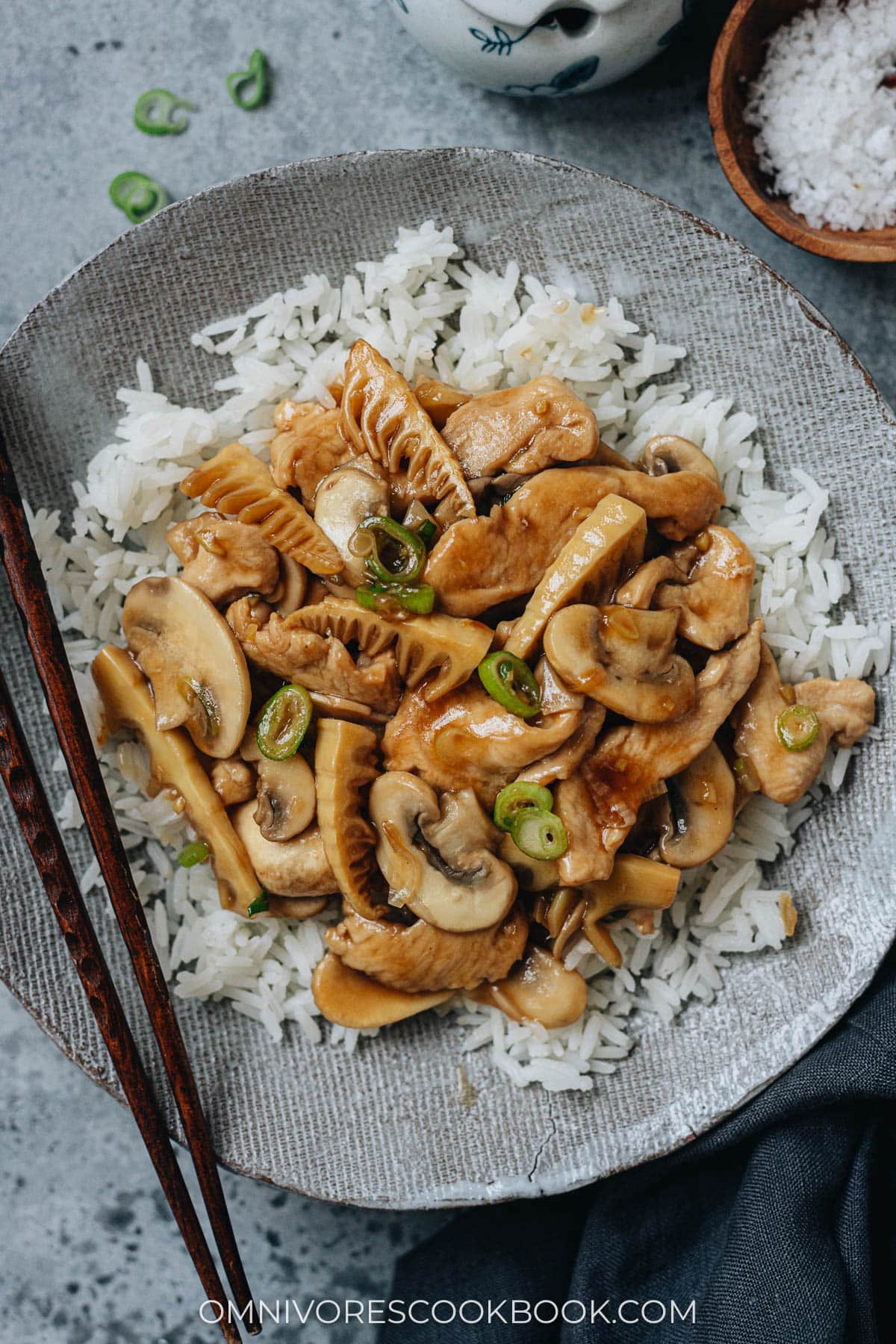 Mushroom chicken stir fry over rice close up