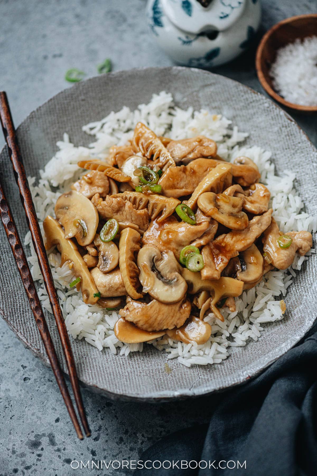 Mushroom chicken stir fry over rice