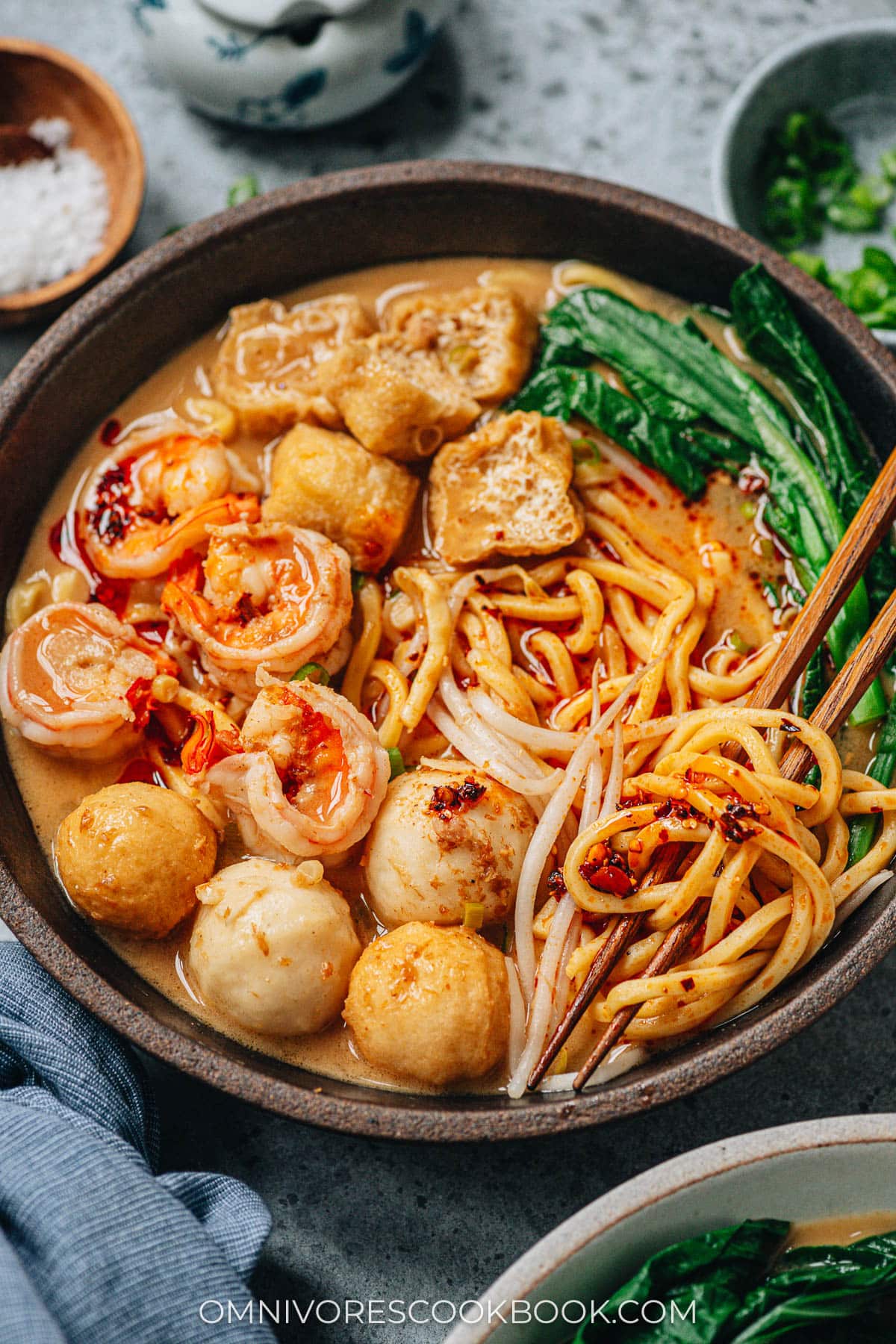 Homemade satay noodle soup close up