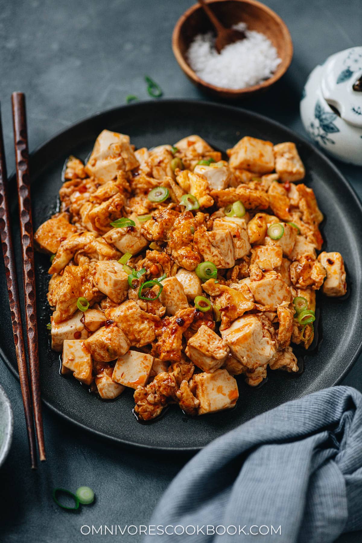 Egg and tofu stir fry served in a plate