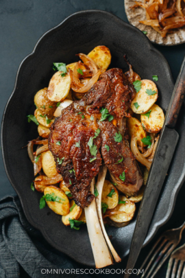 Roast lamb shank close up