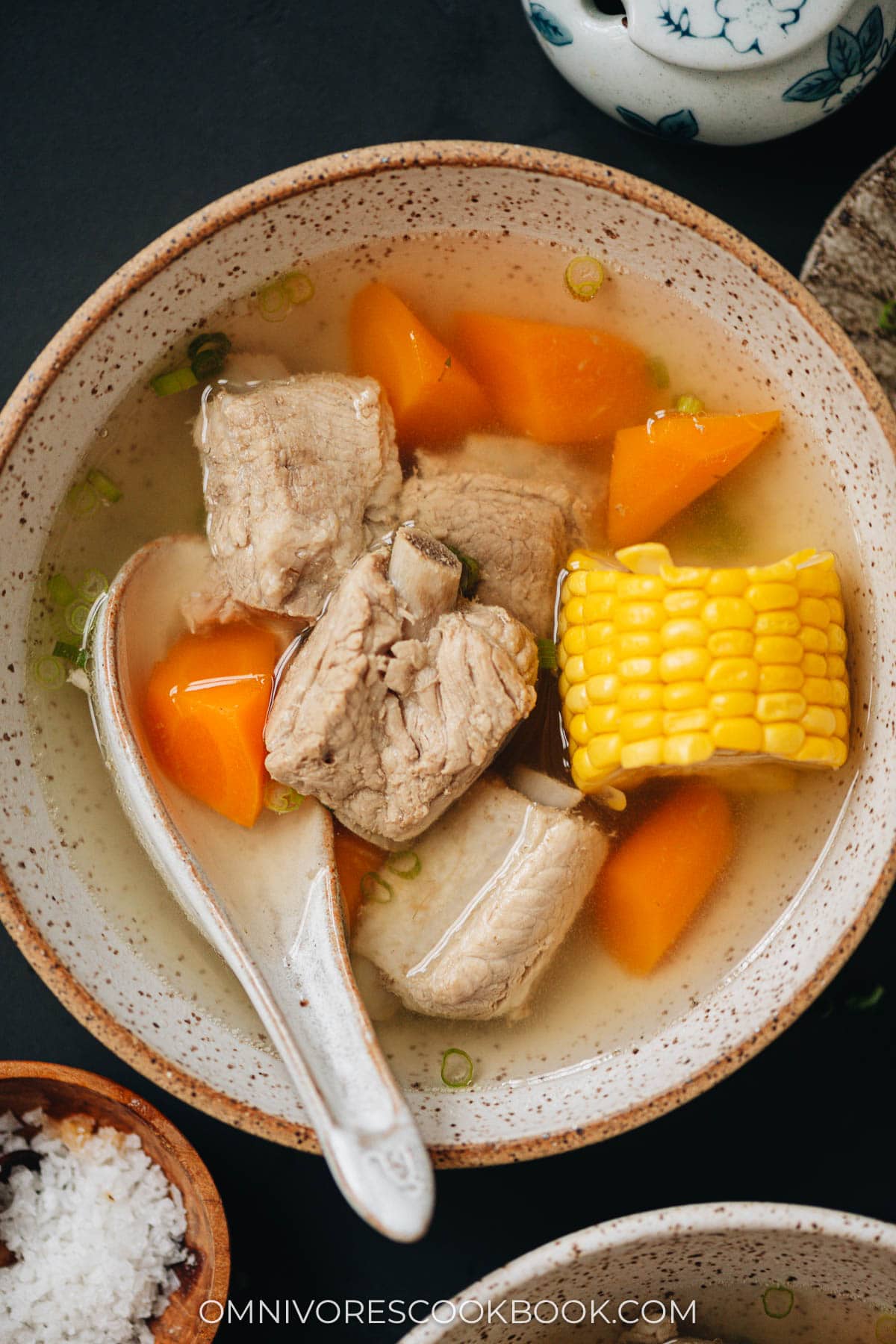 Pork and corn soup close up