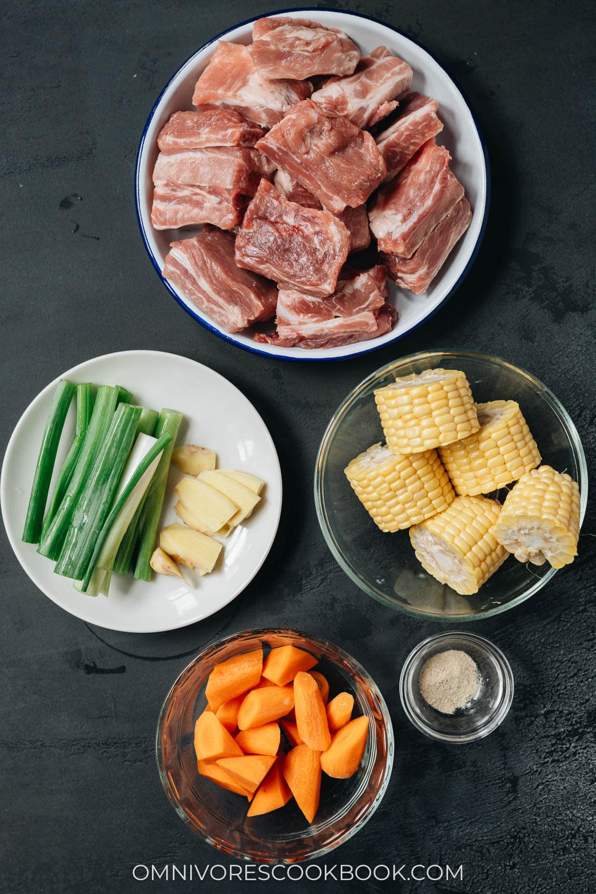 Ingredients for making pork and corn soup