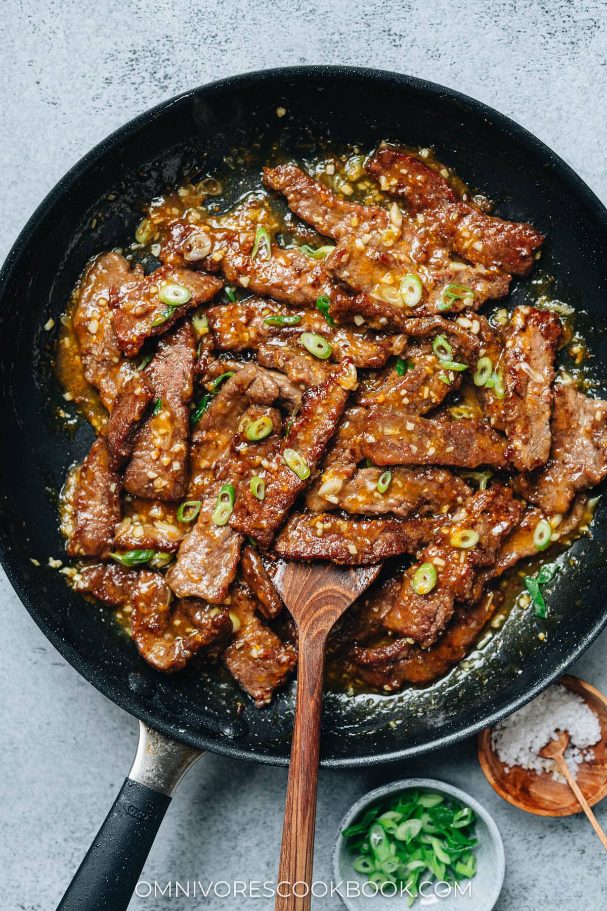 Orange beef in a pan