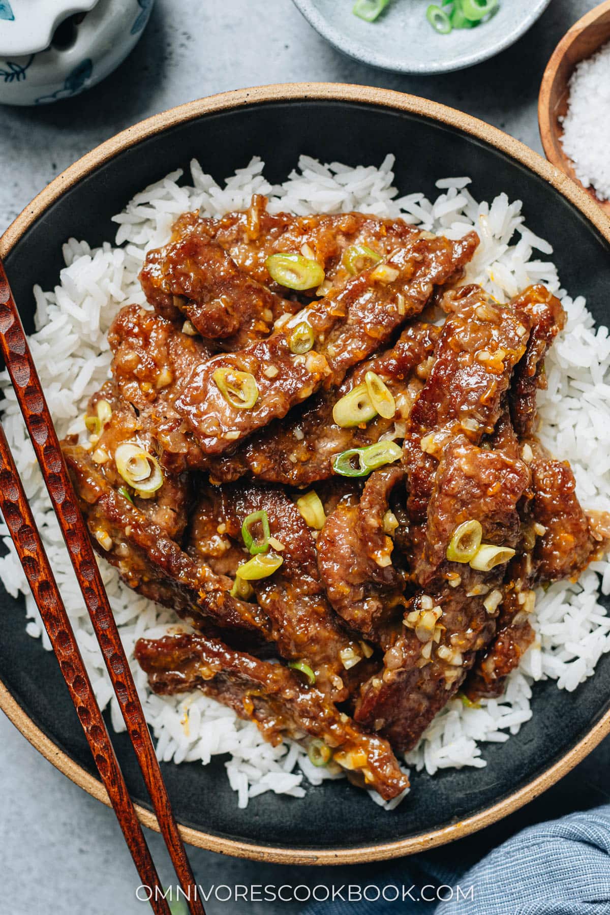 Homemade orange beef over rice close up