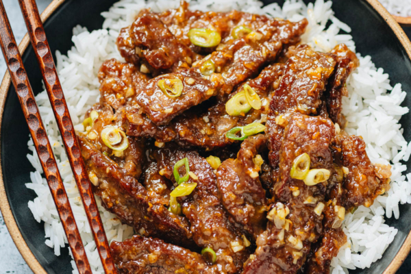 Homemade orange beef over rice