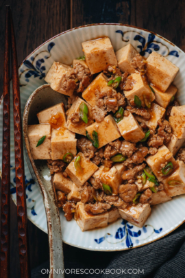 Tofu with minced pork close up