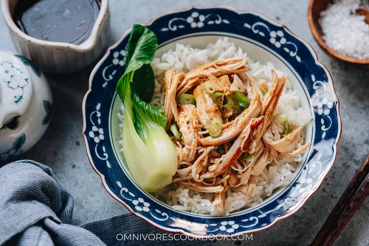 Instant pot shredded chicken with bok choy over rice