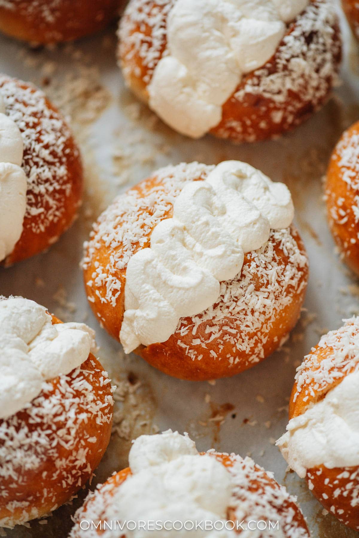 Coconut cream buns close up