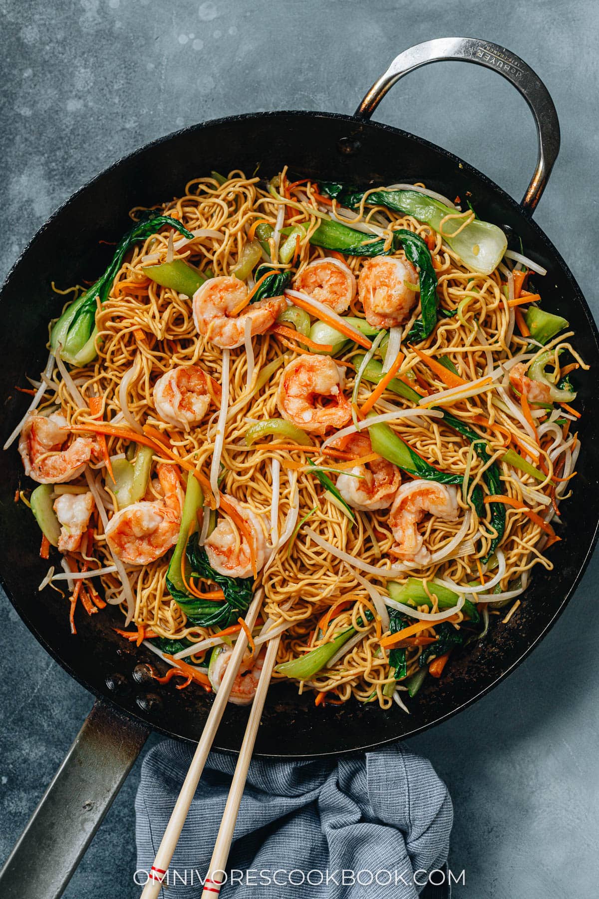 Homemade shrimp chow mein in a pan