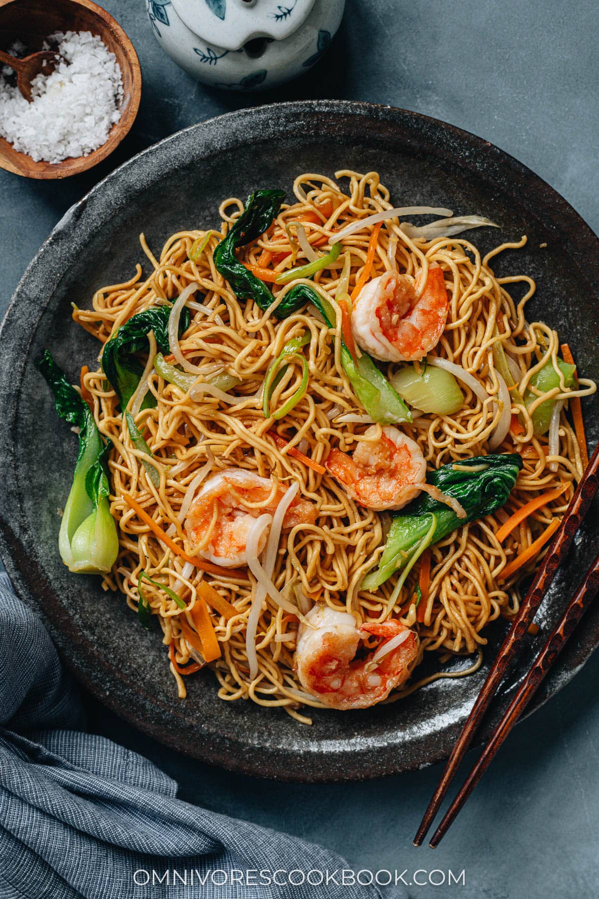 Shrimp chow mein served in a plate