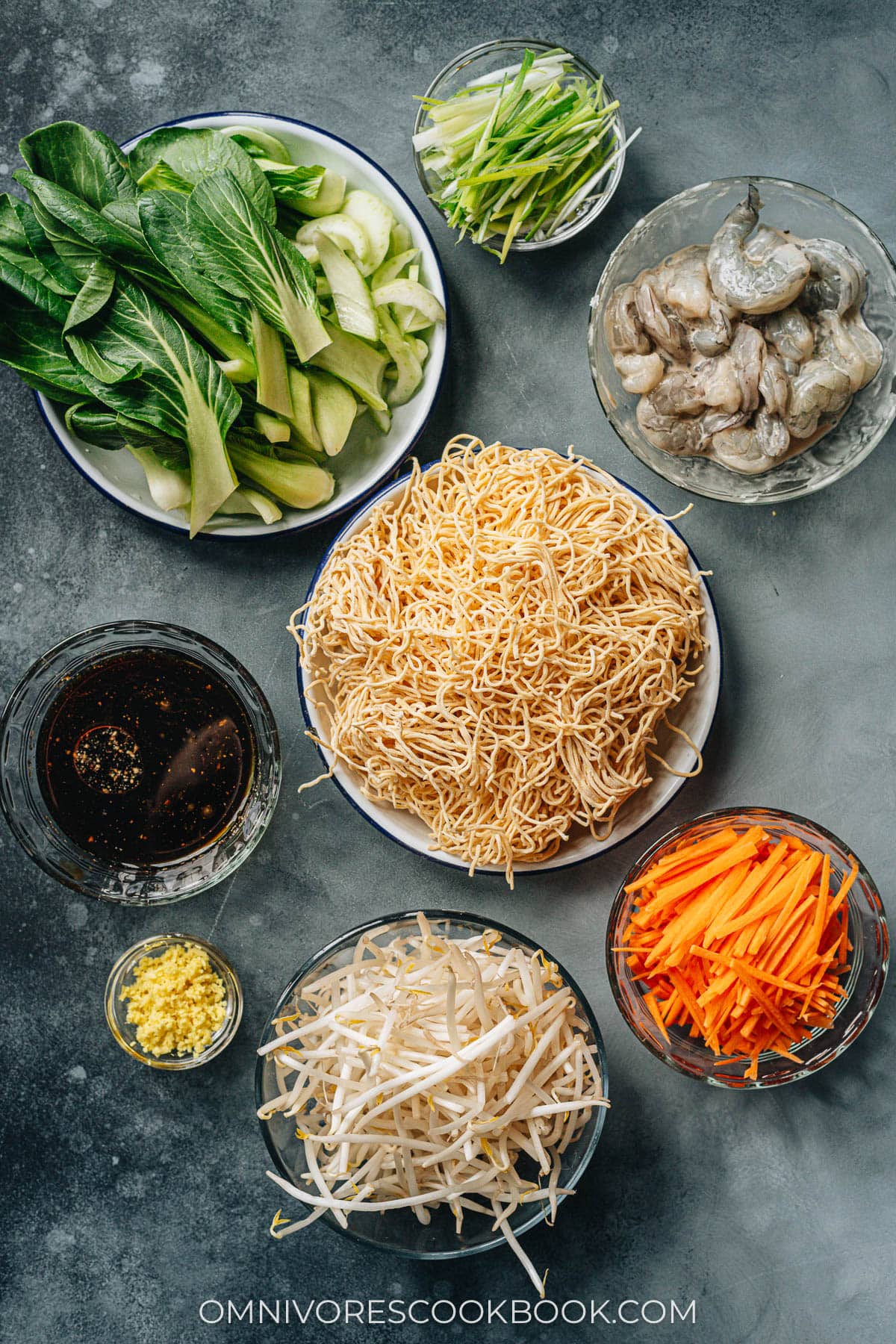 Ingredients for making shrimp chow mein