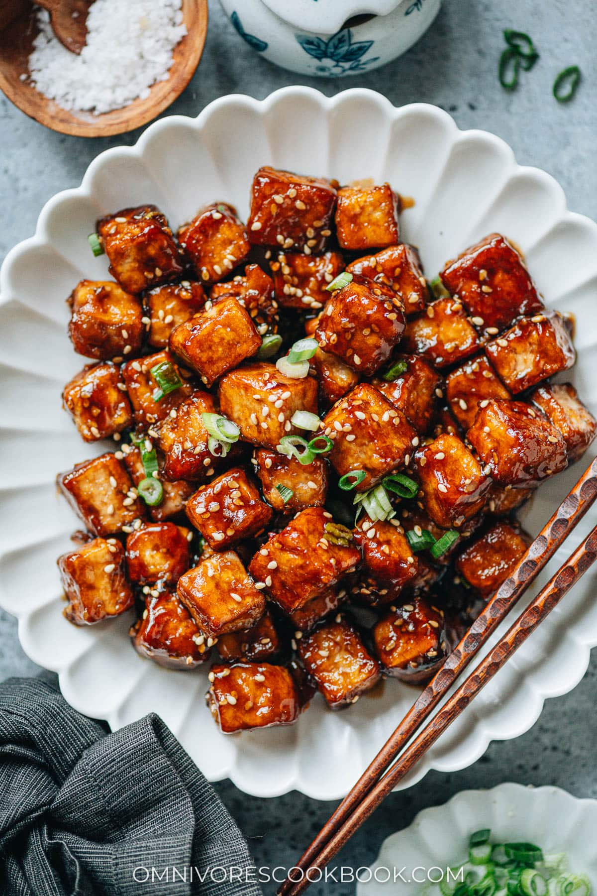 Sesame tofu served in a plate close up