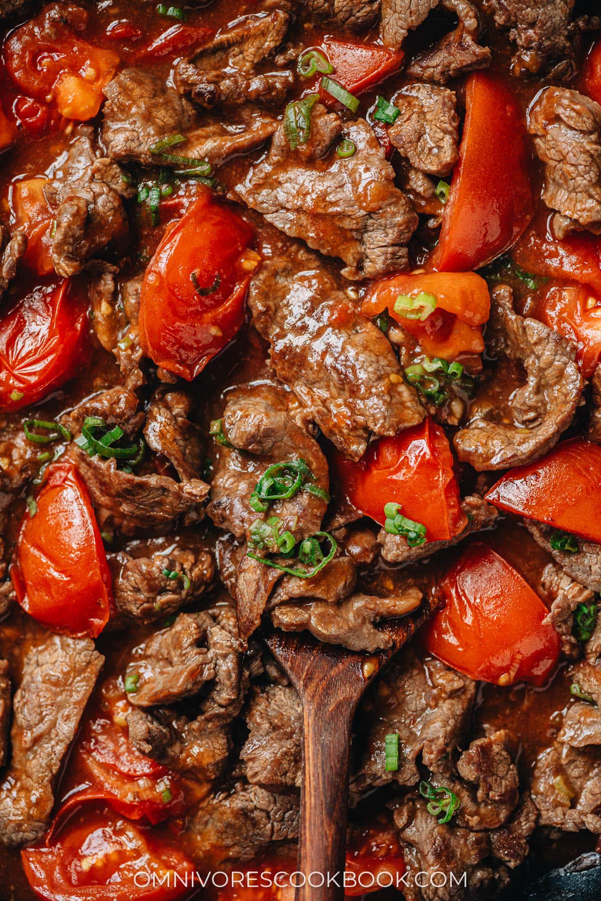 Chinese beef and tomato stir fry close up