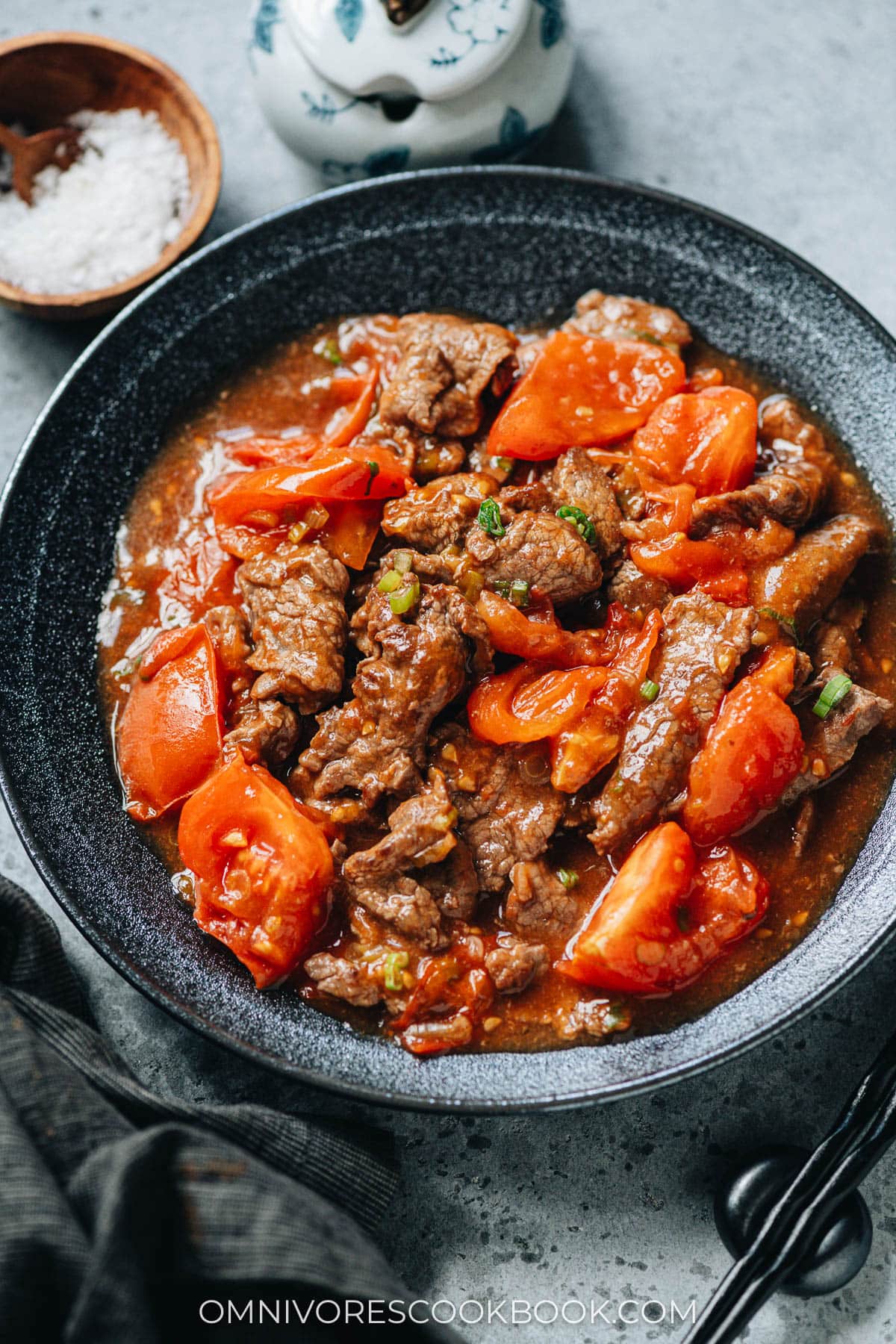 Beef and tomato stir fry served in a plate