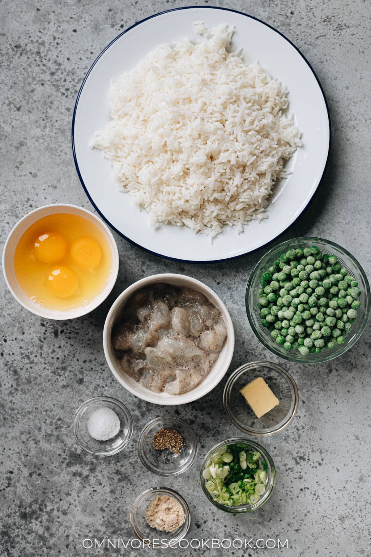 Ingredients for making shrimp fried rice