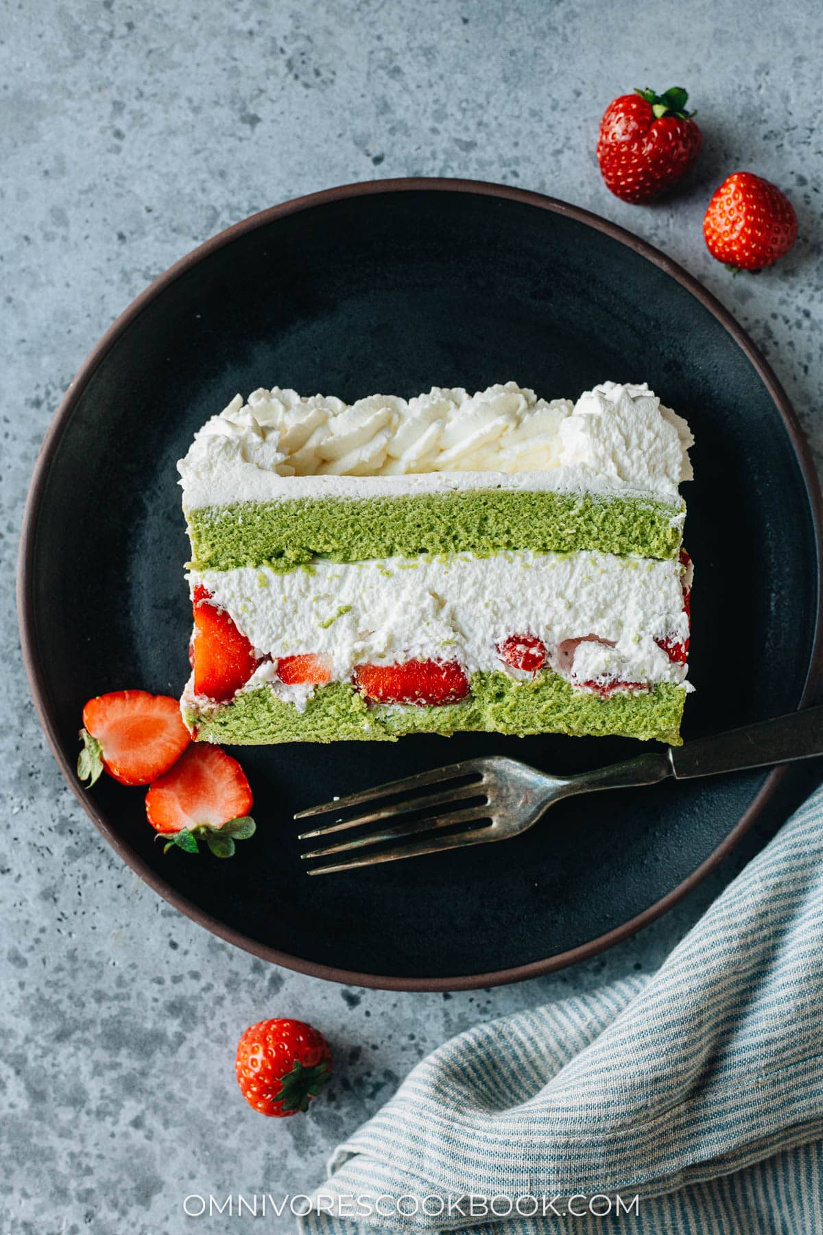 Japanese matcha cake slice served on a plate