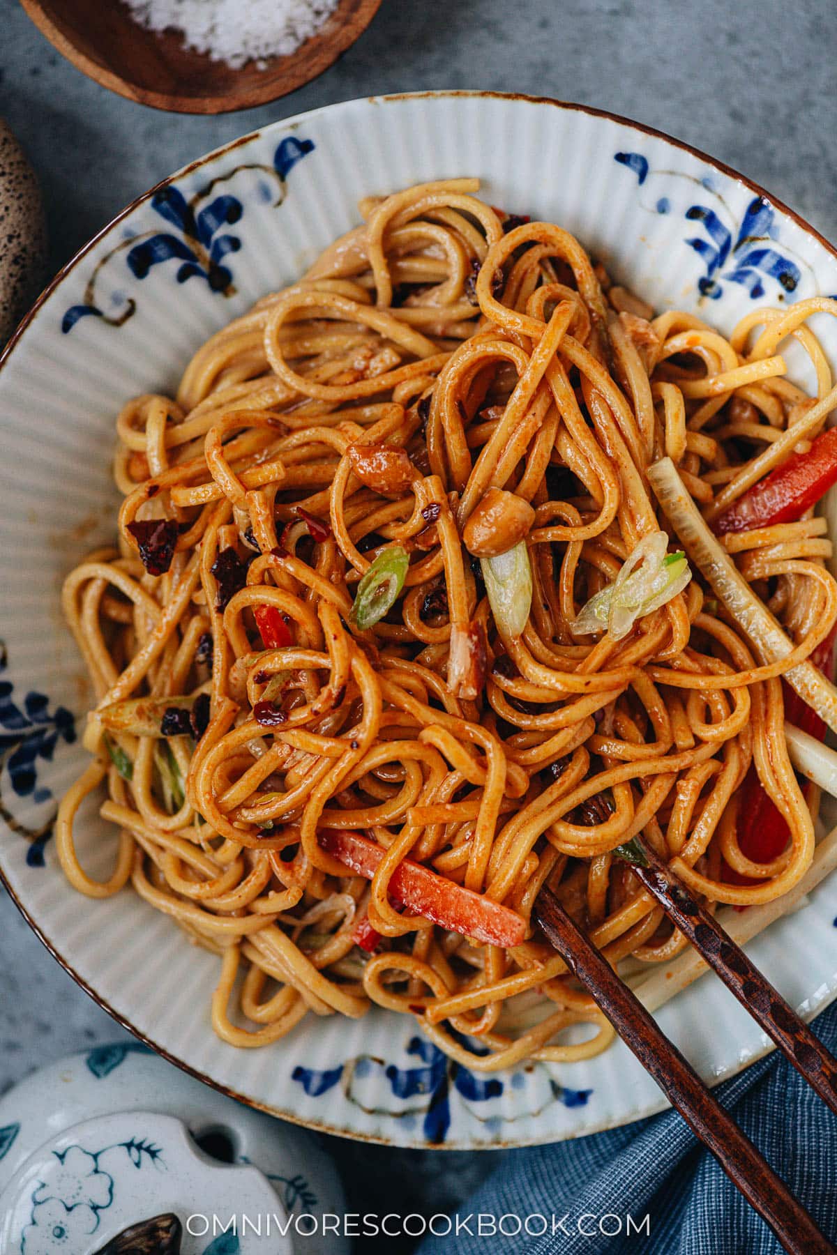 Peanut noodles mixed with peanut sauce and veggies