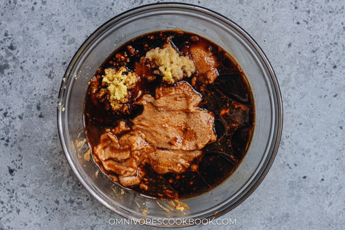 Mixing peanut sauce in a bowl