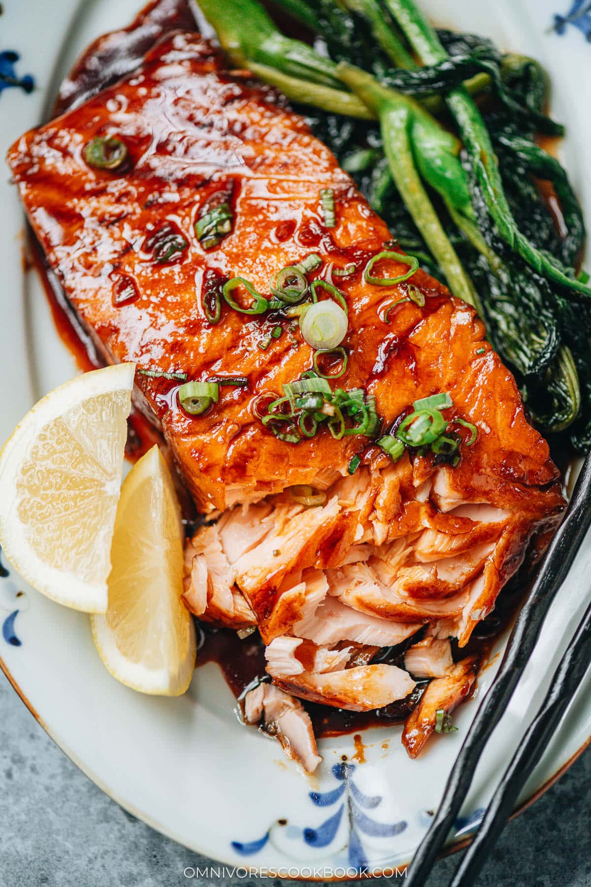 Flaked honey glazed salmon close up