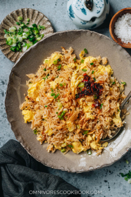 Garlic fried rice served with chili crisp in a bowl