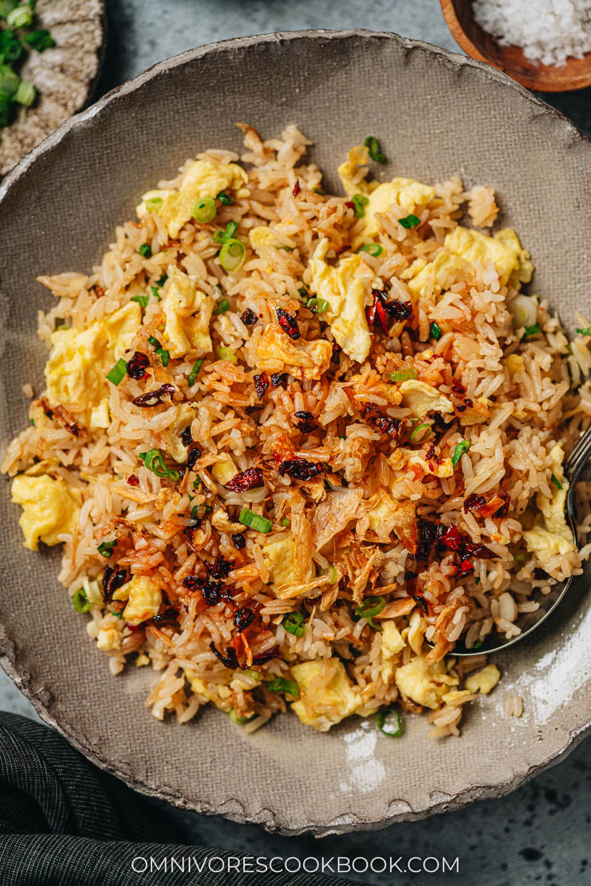 Chinese style garlic fried rice close up