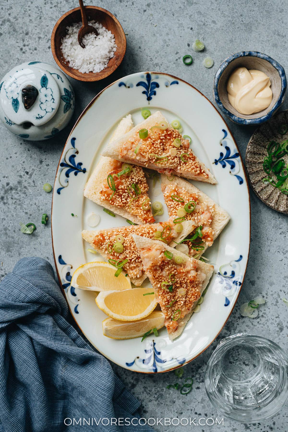 Homemade shrimp toast served with lemon wedges