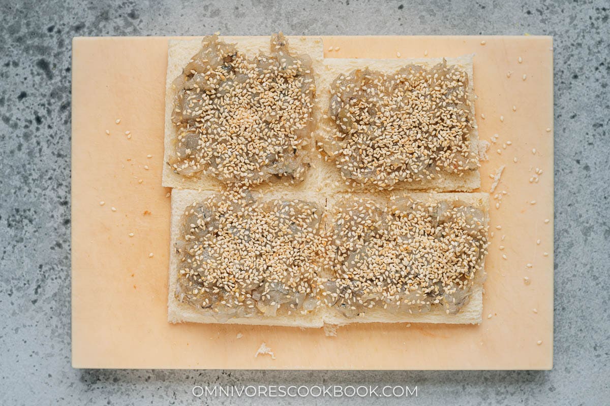 Assembled shrimp toasts before cooking