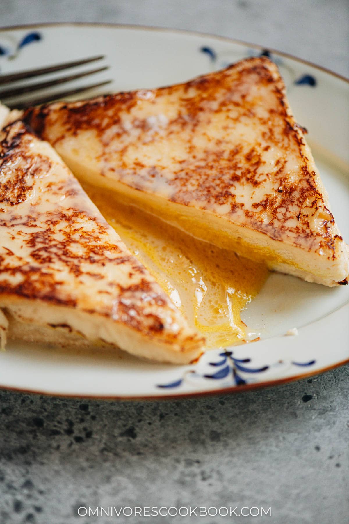 Hong Kong French toast with runny custard filling close up