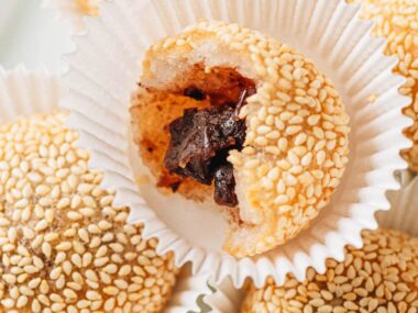 Opened sesame ball filled with red bean filling