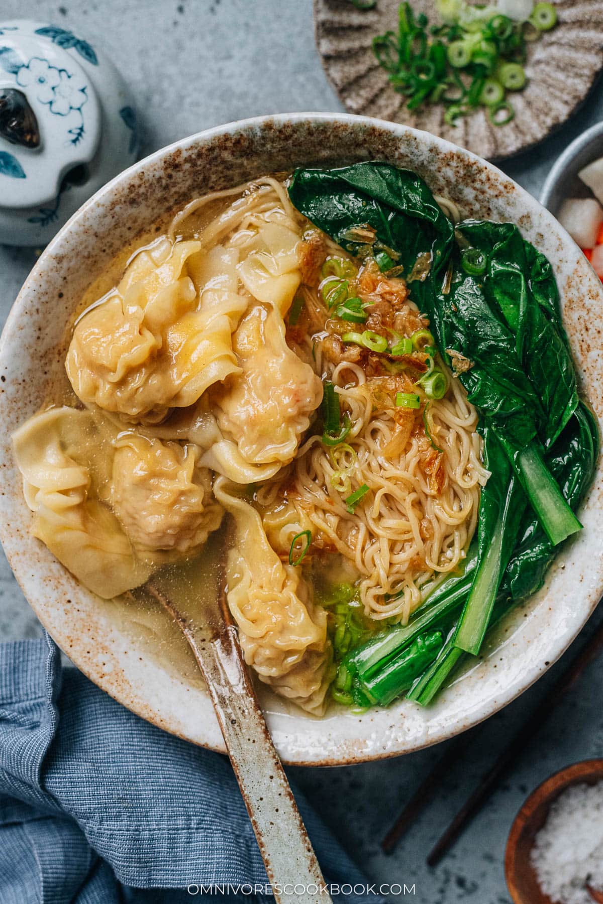 Hong Kong wonton noodle soup served with choy sum