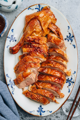 Cantonese style roast duck on a platter