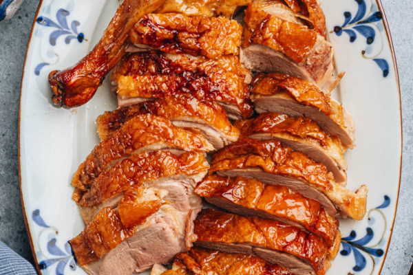 Cantonese style roast duck on a platter