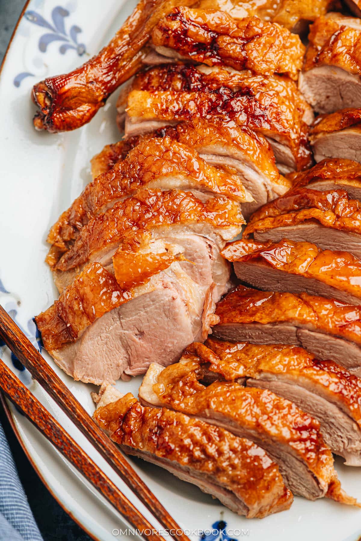 Carved Chinese roast duck served on a platter