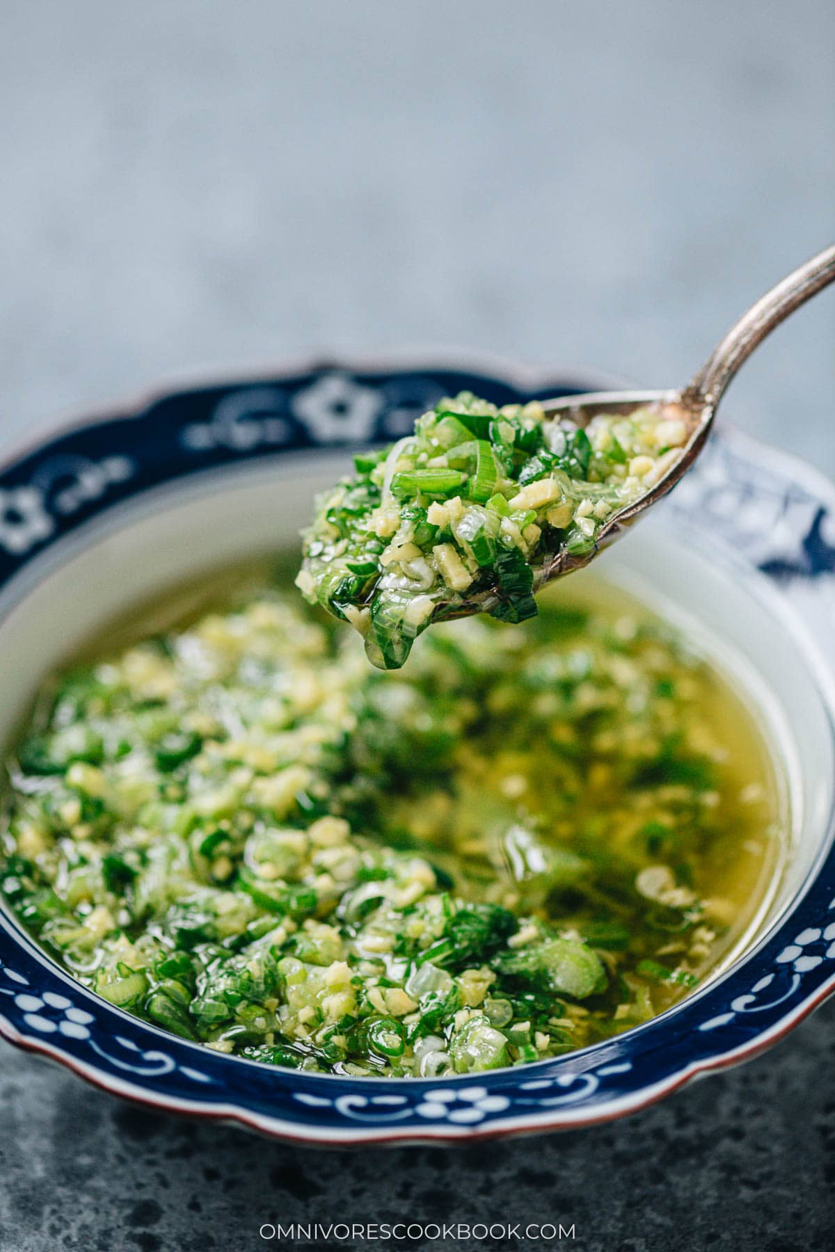 Ginger scallion sauce in a spoon