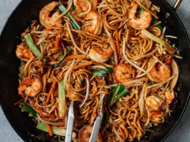 Homemade shrimp lo mein in a pan