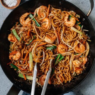 Homemade shrimp lo mein in a pan