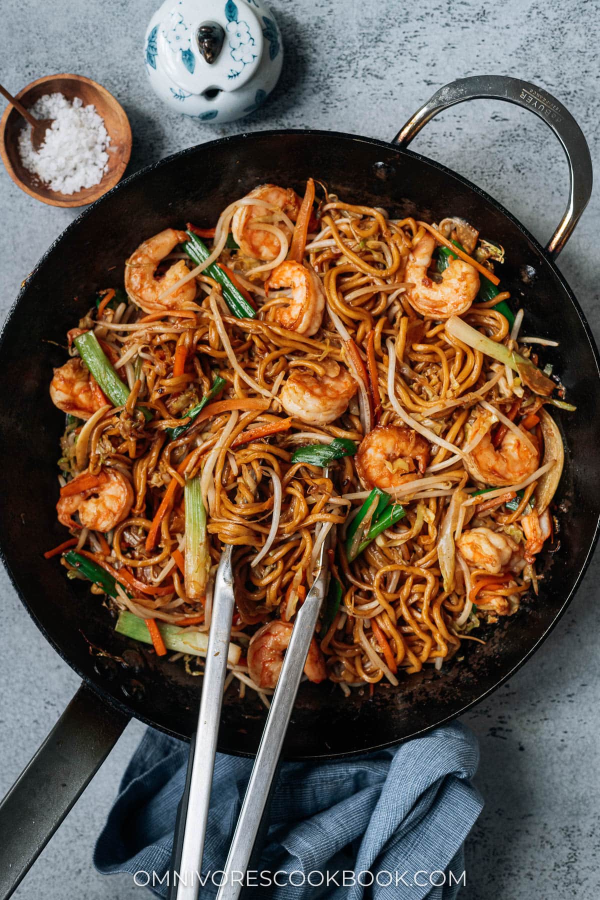 Homemade shrimp lo mein in a pan