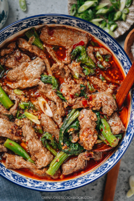 Homemade Sichuan boiled beef close up