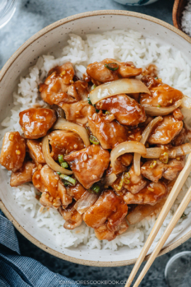 Bourbon chicken over rice