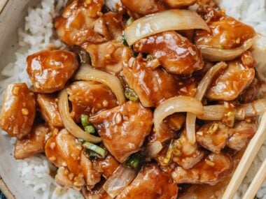 Bourbon chicken over rice