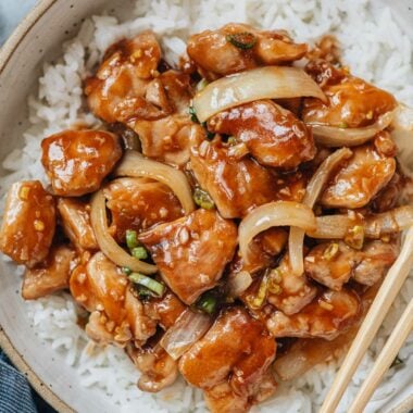 Bourbon chicken over rice