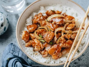 Homemade bourbon chicken served over rice