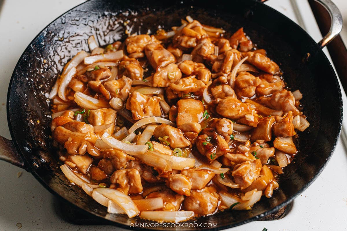 Finish up cooking bourbon chicken in a pan