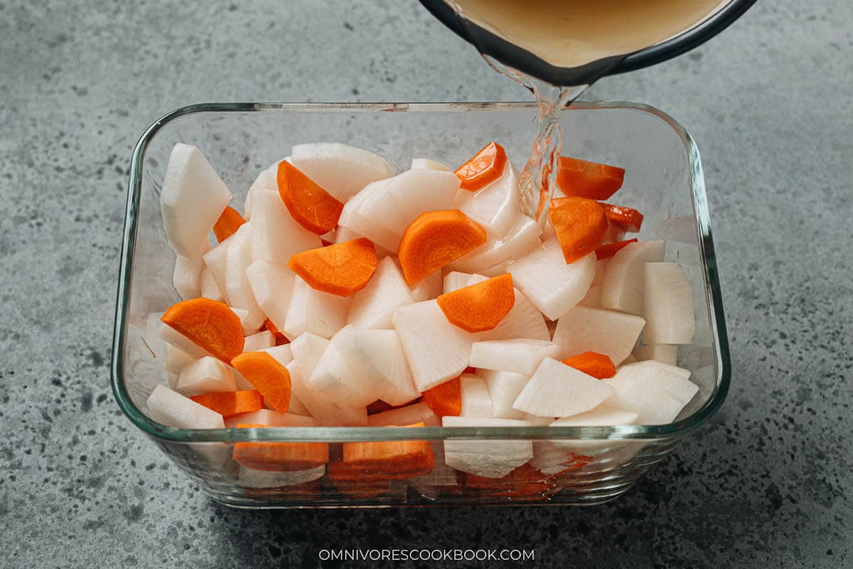 Drizzle the brine over the vegetables