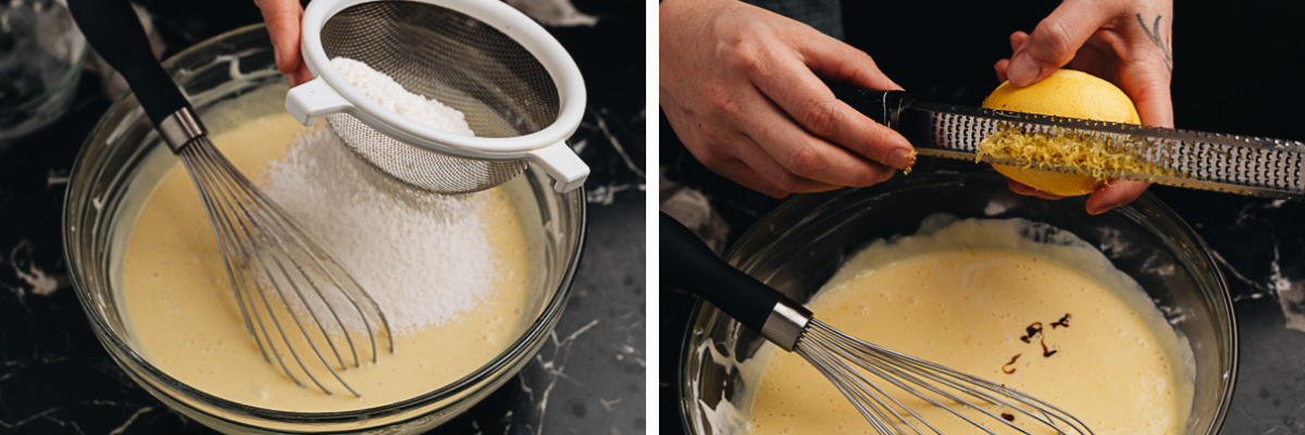 Sift flour and grate lemon zest into the batter